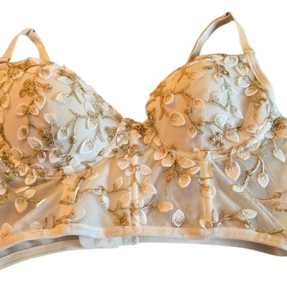 Embellished Cream And Gold Lace Bustier / Lingerie Top Size Small